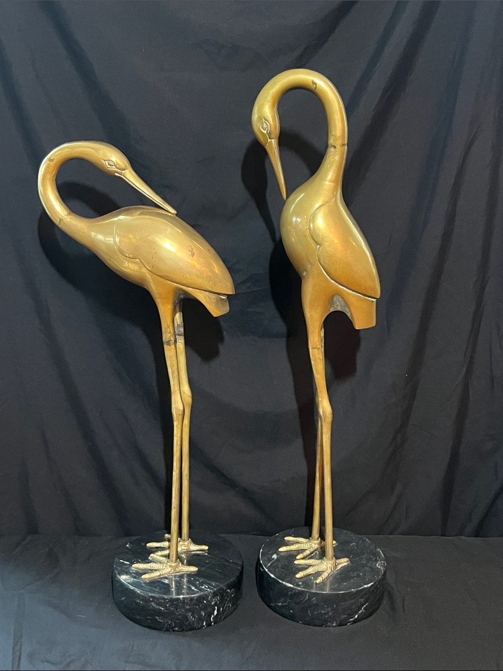 Brass Crane Sculpture Pair on Black Italian Marble Bases